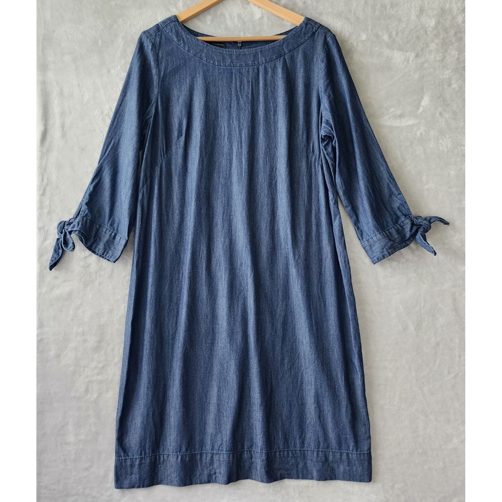 Talbots Denim Dress Womens Size 12 Blue Tie Cuff Boat Neck Indigo Wash